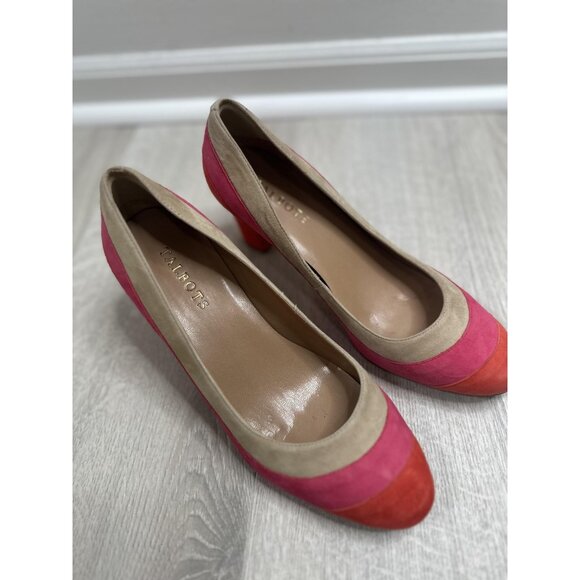 Talbots Shoes Womens Size 8.5 B Suede Pumps Pink Red Tan Block Heel Cap Toe - Picture 2 of 9